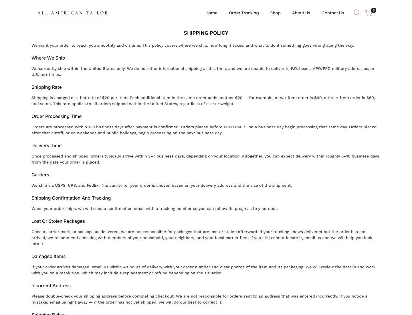 Shipping Policy – All American Tailor page captured during the ZeroThought investigation