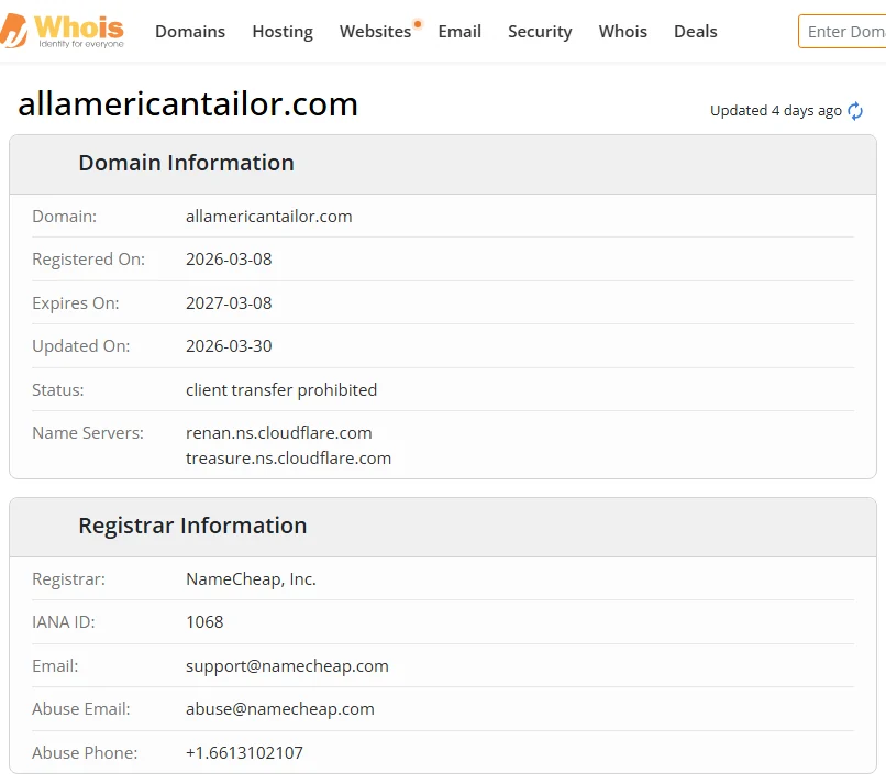 WHOIS.com record showing the registration details for allamericantailor com.
