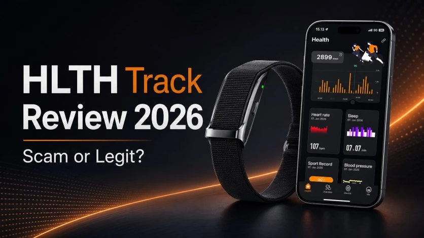 HLTH Track Review 2026 feature image showing the HLTH Band and health tracking app with Scam or Legit text