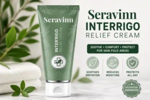 Seravinn Intertrigo Relief Cream review highlighting trust score, refund-policy concerns and website red flags