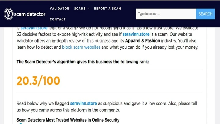 Seravinn Intertrigo Relief Cream review highlighting trust score, refund-policy concerns and website red flags