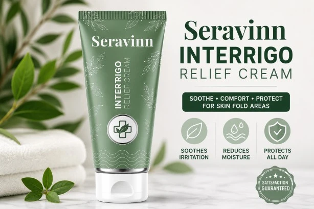 Seravinn Intertrigo Relief Cream review highlighting trust score, refund-policy concerns and website red flags