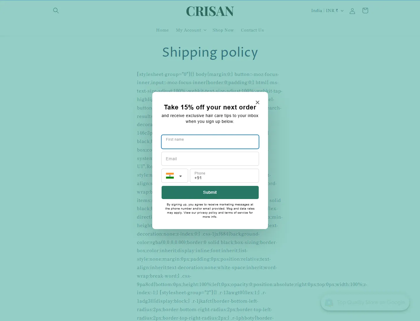Shipping policy – CRISAN Beauty page captured during the ZeroThought investigation