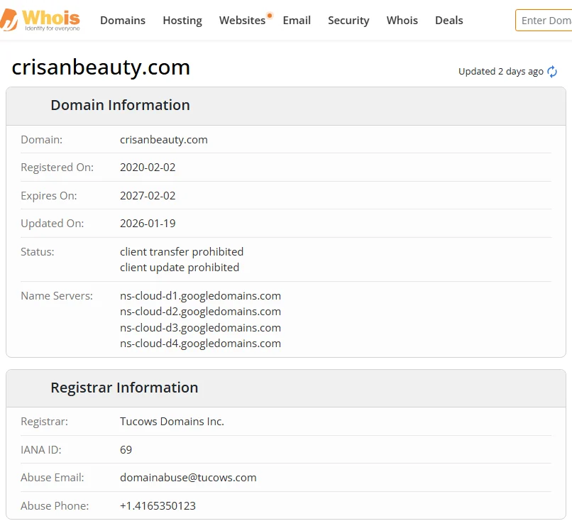 WHOIS.com record showing the registration details for crisanbeauty com.