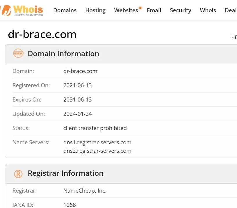 WHOIS.com record showing the registration details for Dr-brace com.