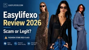 Easylifexo Review 2026 highlighting the website’s low trust score, huge discounts, and online shopping concerns