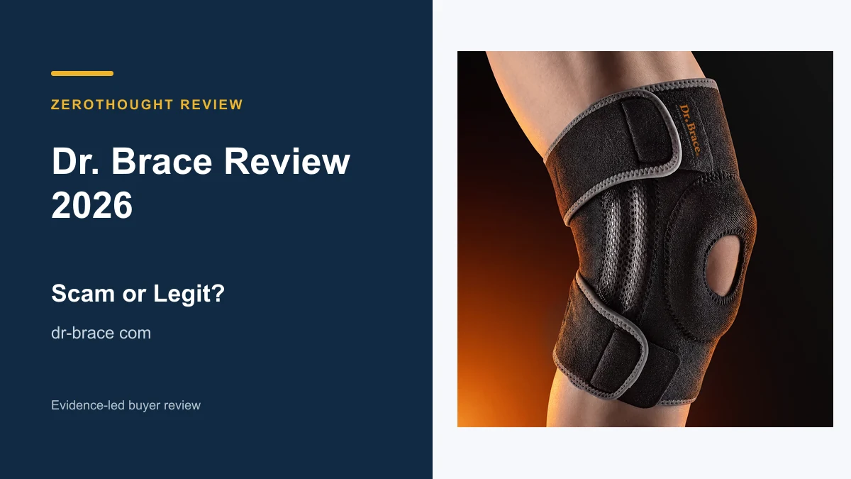 Dr. Brace knee brace product on the right beside a ZeroThought review title.