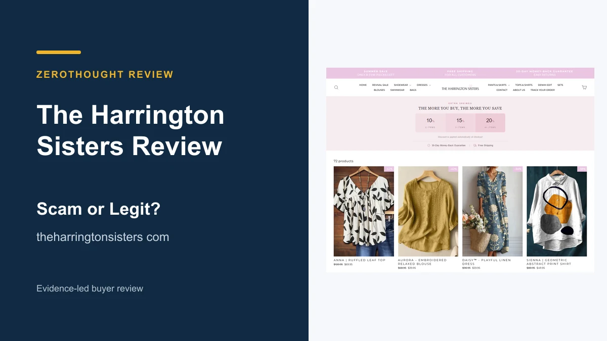 The Harrington Sisters website or product material beside a ZeroThought review title.