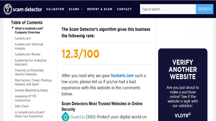 Hunkerk com review 2026 examining the store’s low trust score, young domain, huge discounts, and shopping risks