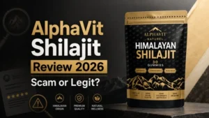 AlphaVit Shilajit Gummies review 2026 showing the supplement bottle and scam or legit investigation