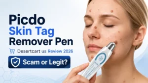 Picdo Skin Tag Remover Pen review image showing a skin tag remover device and Desertcart us scam or legit text.