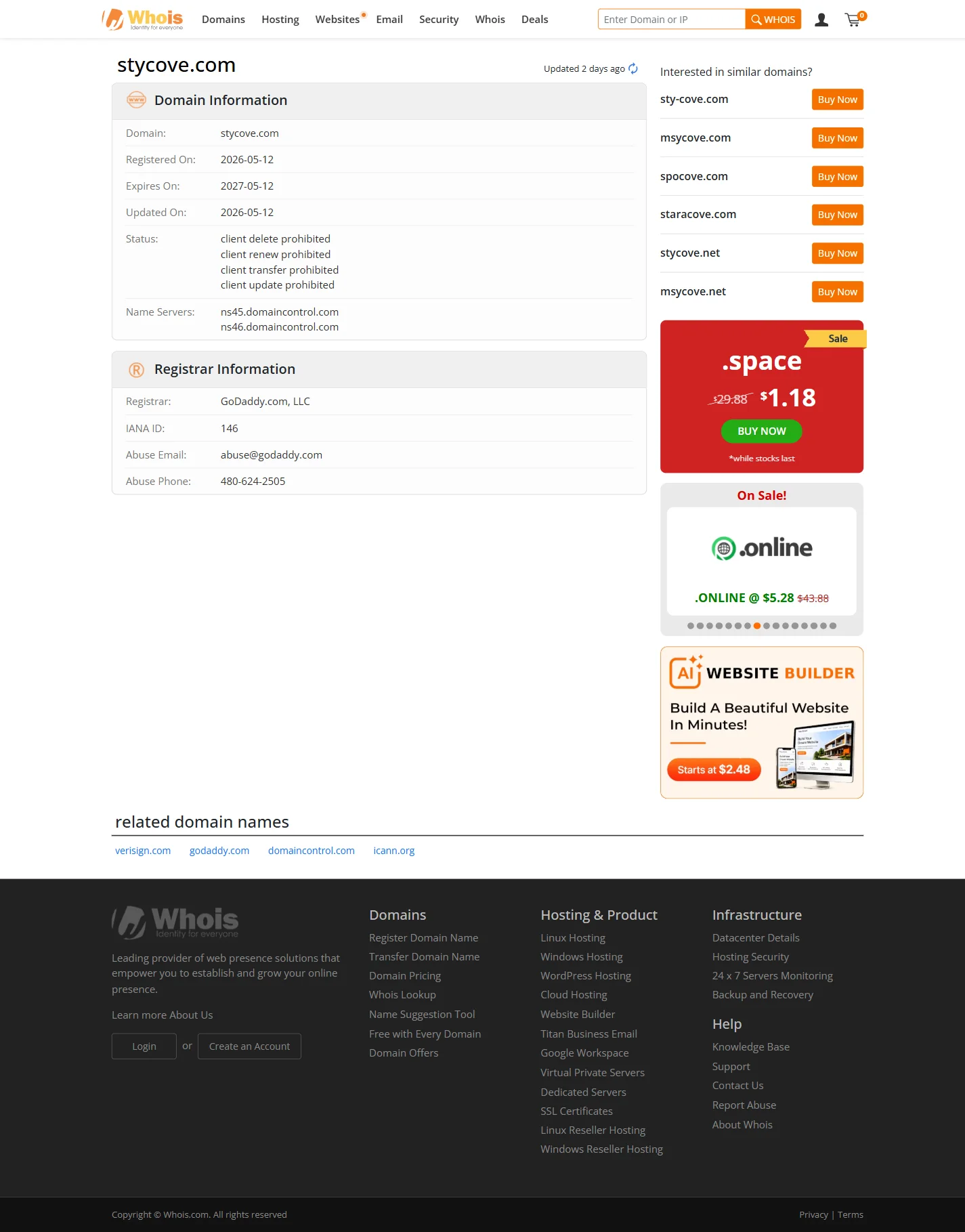 WHOIS.com record showing the registration details for stycove com.