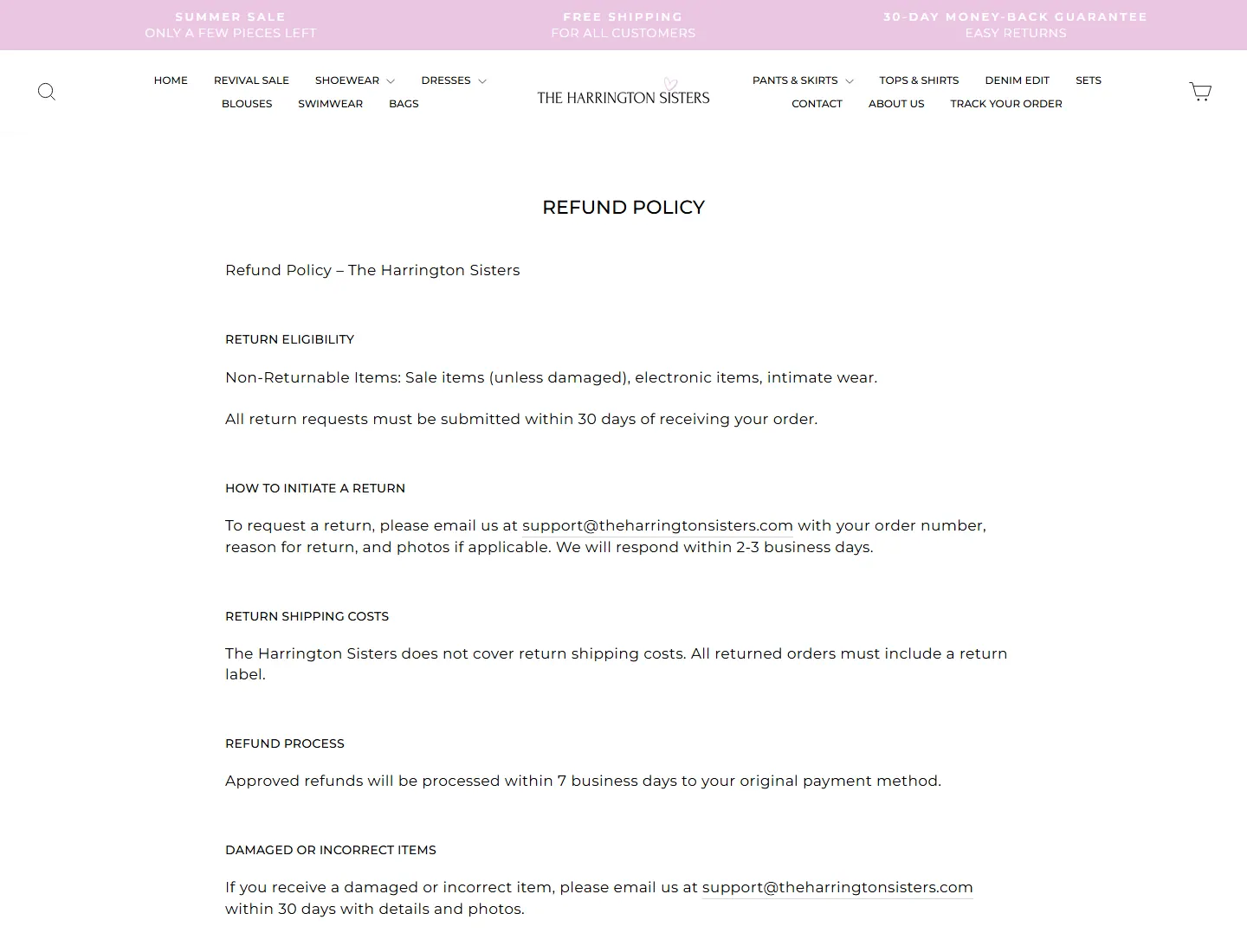 The Harrington Sisters refund policy showing eligibility, return shipping and refund timing