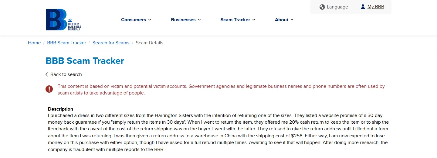 BBB Scam Tracker report naming theharringtonsisters.com