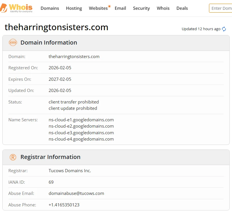 WHOIS.com record showing the registration details for theharringtonsisters com.