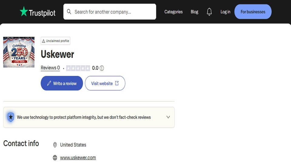Uskewer com review 2026 showing popular products and warning signs found during the website investigation