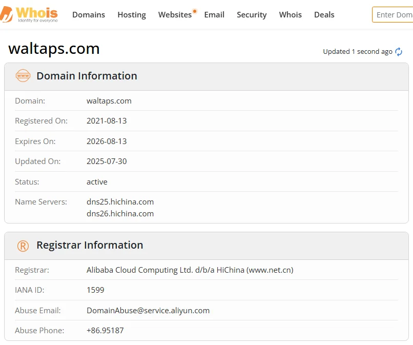 WHOIS.com record showing the registration details for waltaps com.