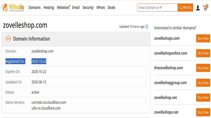 Zovelleshop Review 2026 investigating trust score, domain age, return policy, discounts, and shopping risks