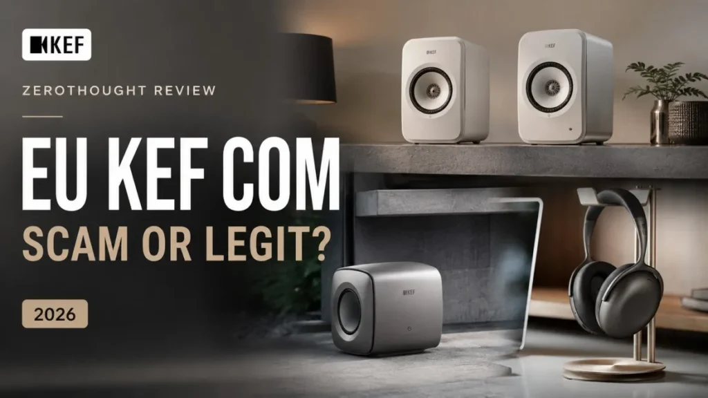 Eu KEF Com review 2026 featured image showing white KEF speakers in a modern home office setup with scam or legit text