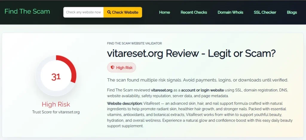VitaReset Review 2026 featured image showing VitaReset supplement bottle and Scam or Legit question