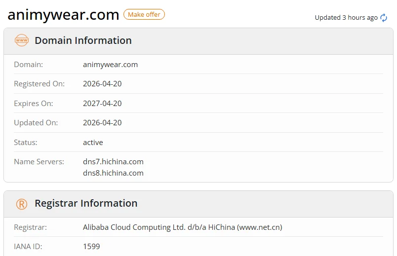 WHOIS.com record showing the registration details for animywear com.