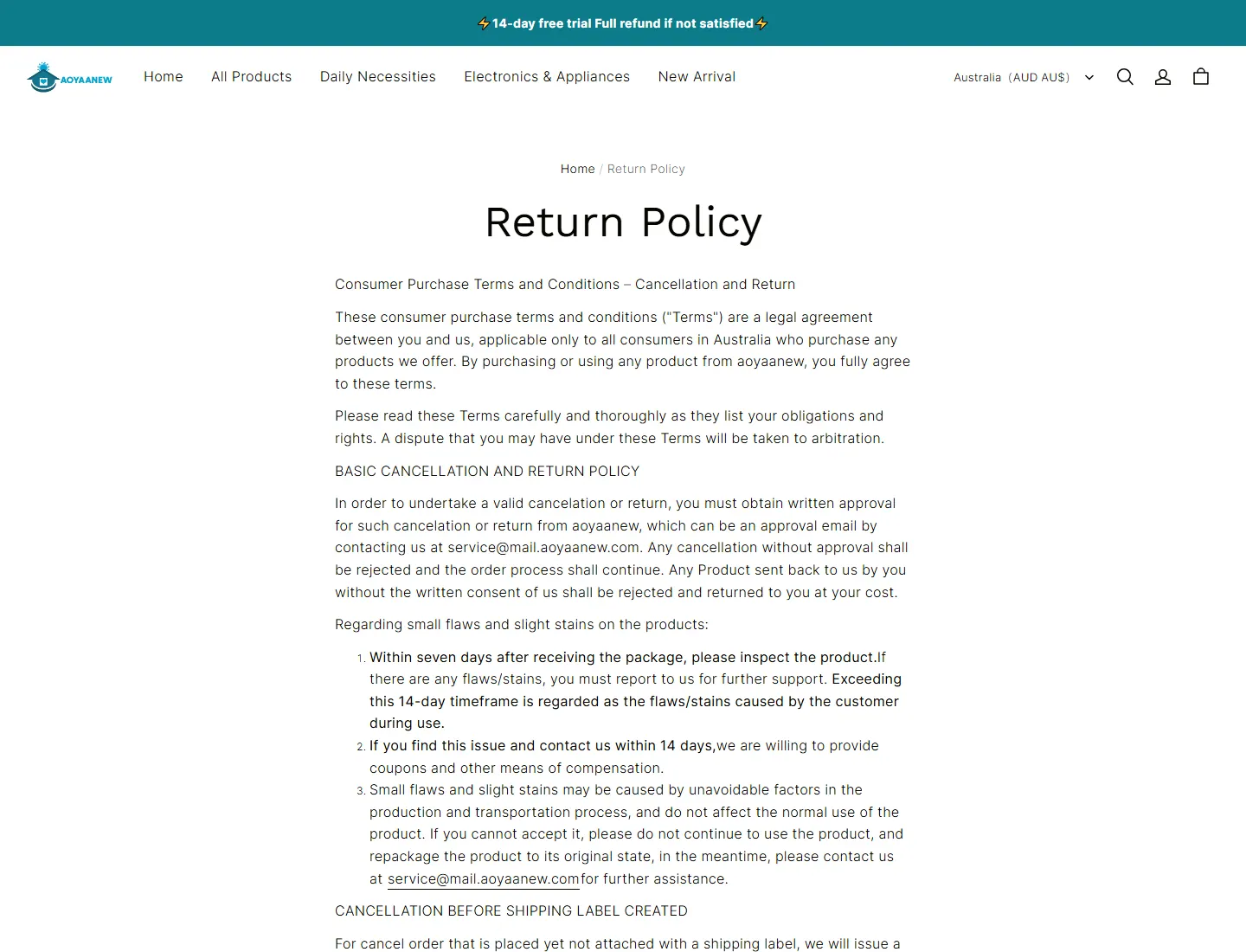 Return Policy – aoyaanew page captured during the ZeroThought investigation