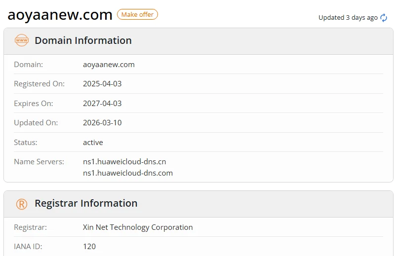 WHOIS.com record showing the registration details for aoyaanew com.