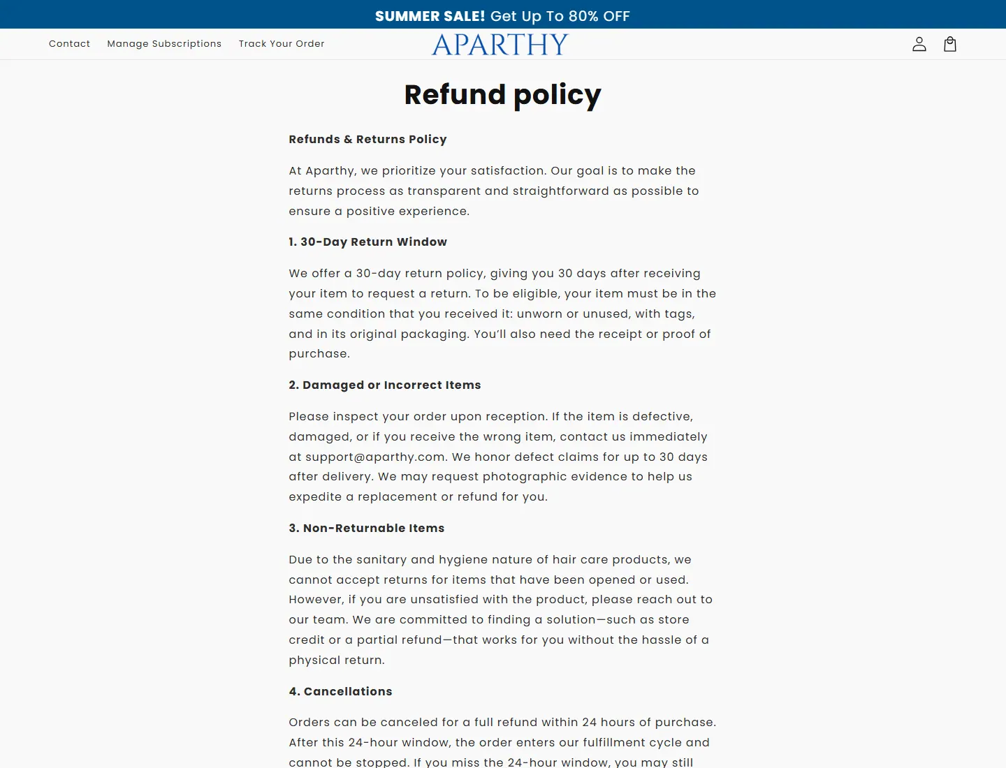 Refund policy – Aparthy page captured during the ZeroThought investigation