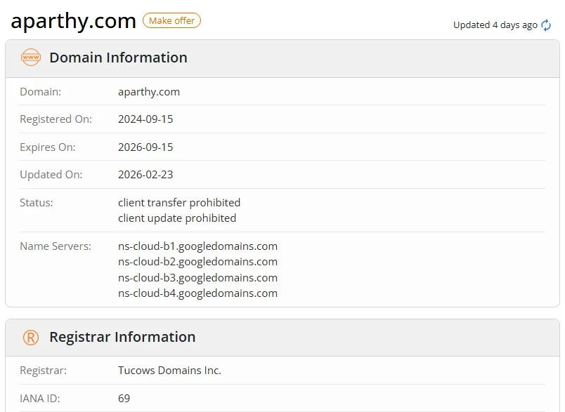 WHOIS.com record showing the registration details for aparthy com.