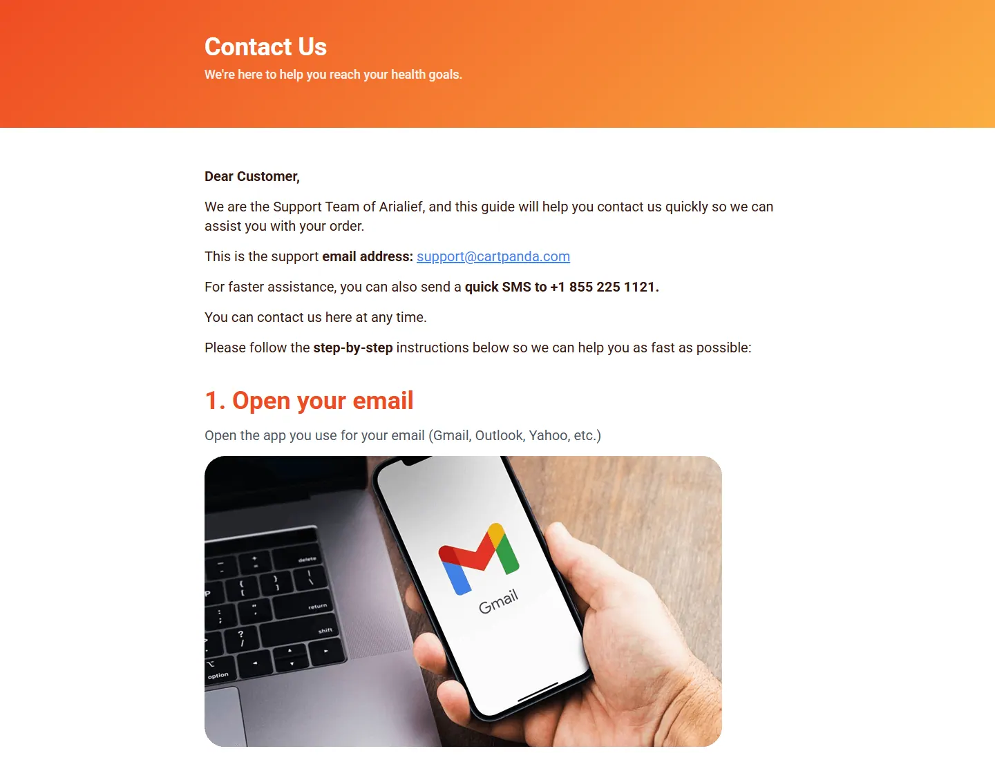 Arialief — Contact Us page captured during the ZeroThought investigation
