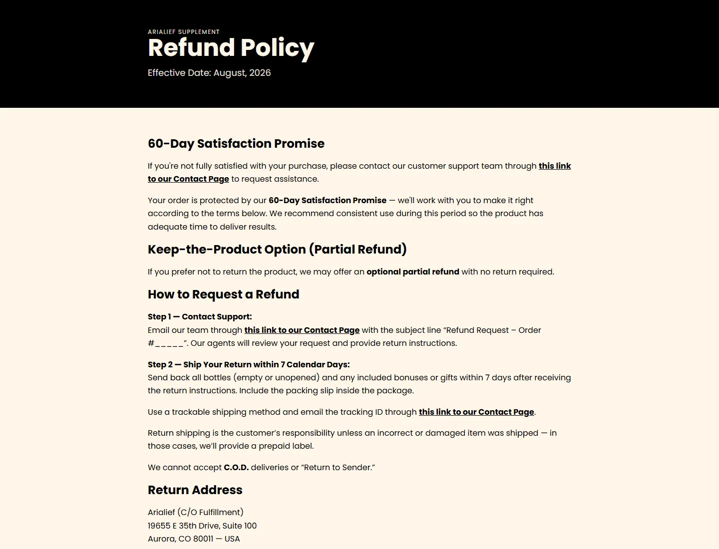 Arialief — Refund Policy page captured during the ZeroThought investigation