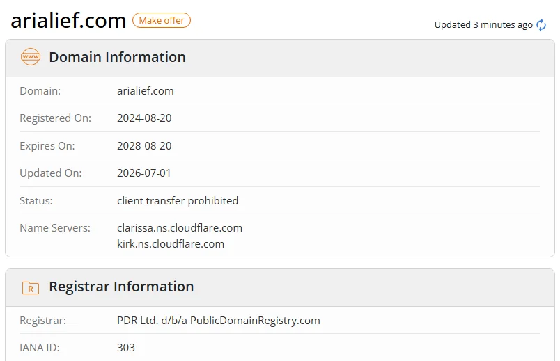 WHOIS.com record showing the registration details for arialief com.