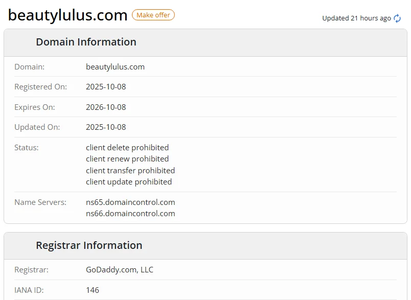 WHOIS.com record showing the registration details for beautylulus com.