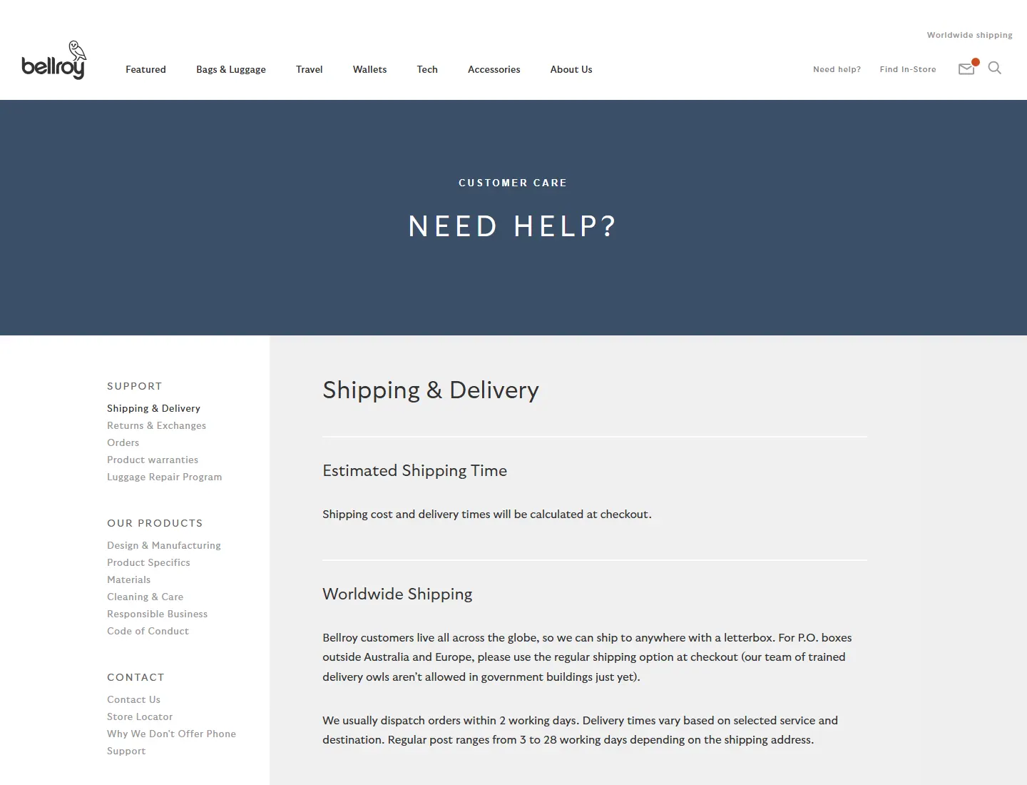 Customer Care: Shipping, Delivery, Warranty & Exchanges | Bellroy page captured during the ZeroThought investigation