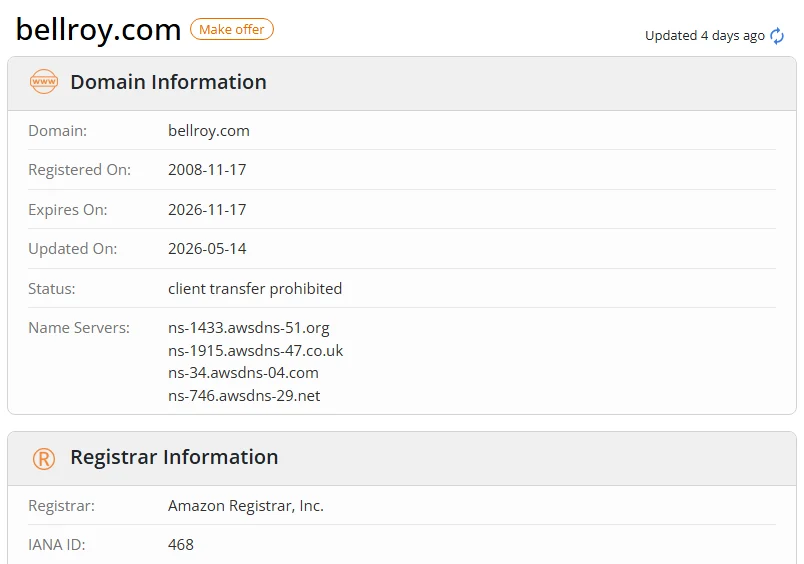 WHOIS.com record showing the registration details for bellroy com.