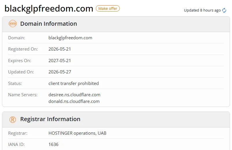 WHOIS.com record showing the registration details for blackglpfreedom com.