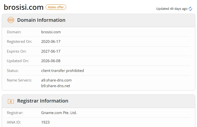 WHOIS.com record showing the registration details for brosisi com.