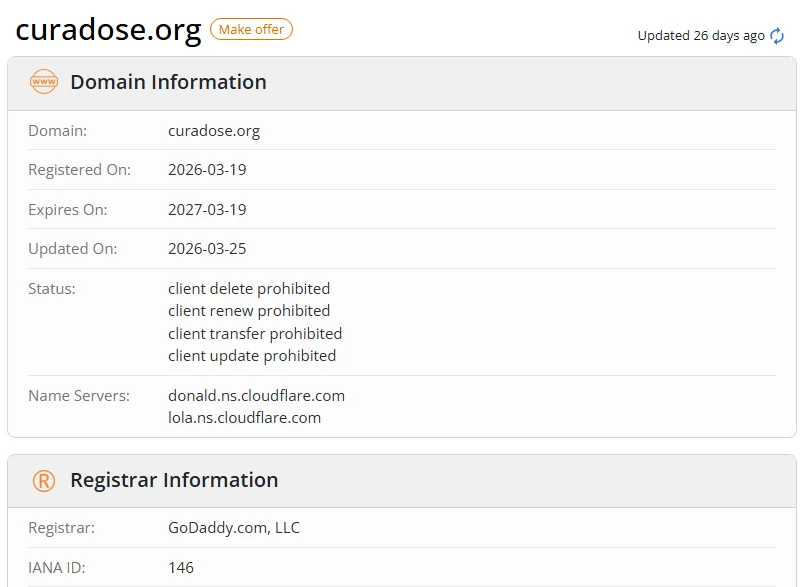 WHOIS.com record showing the registration details for curadose org.