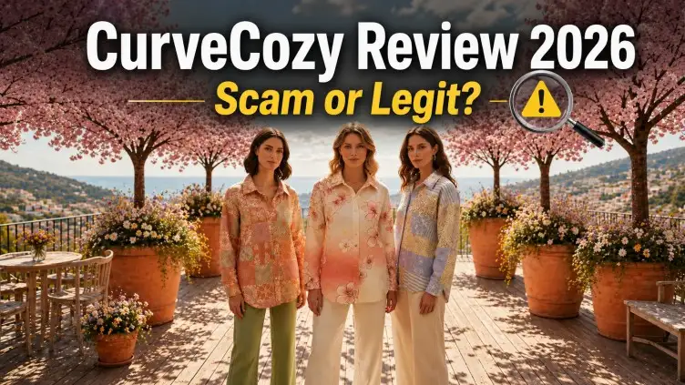 CurveCozy Review 2026 scam or legit featured image showing women’s fashion with a warning symbol