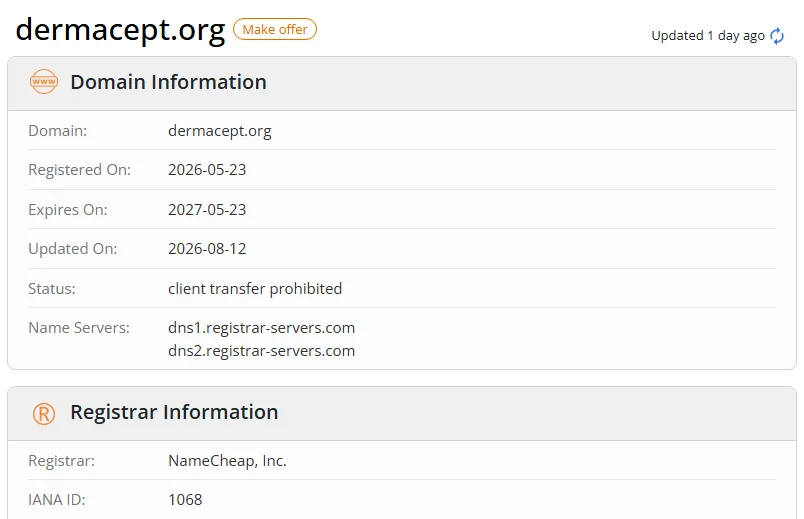 WHOIS.com record showing the registration details for dermacept org.