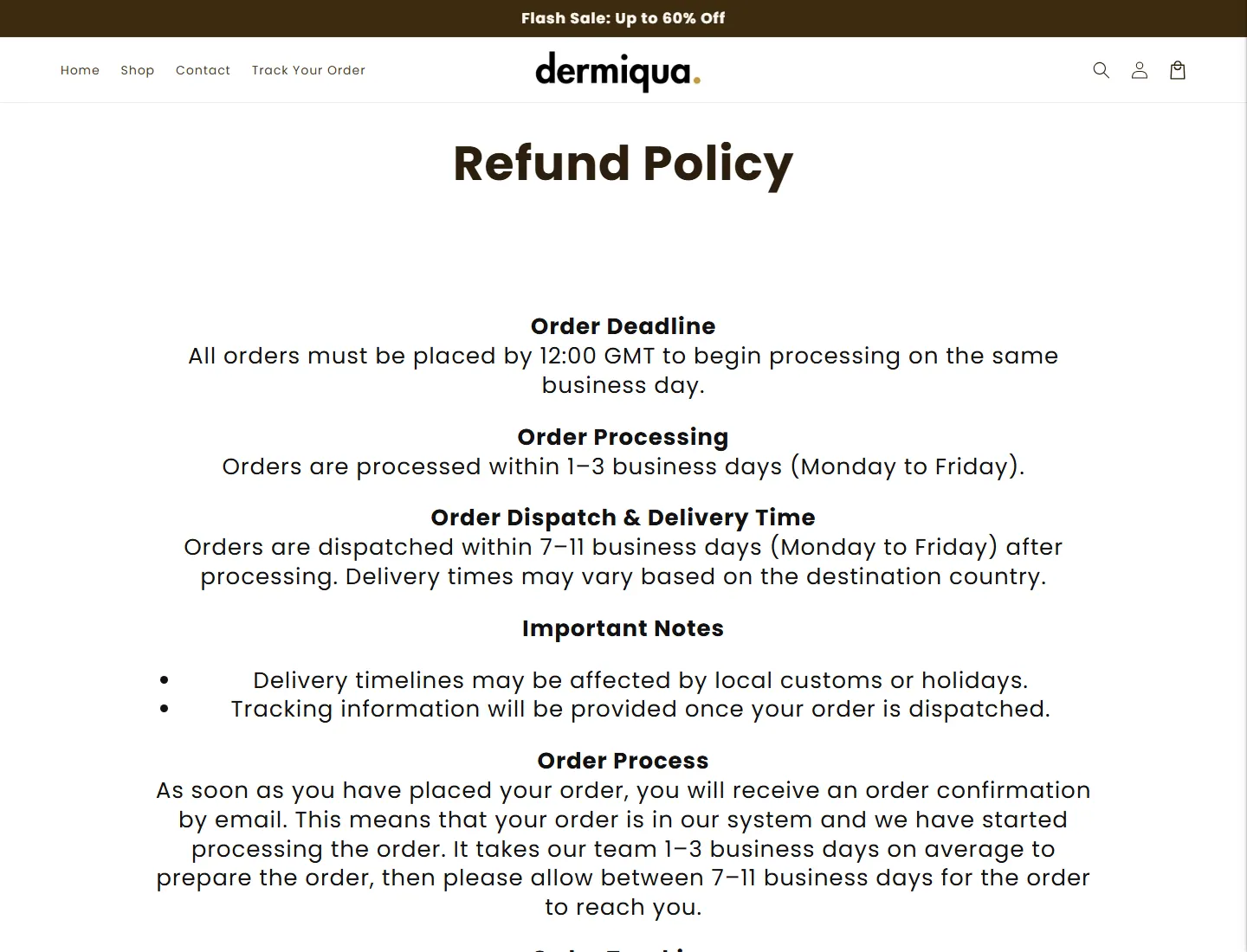 Refund Policy – Dermiqua page captured during the ZeroThought investigation