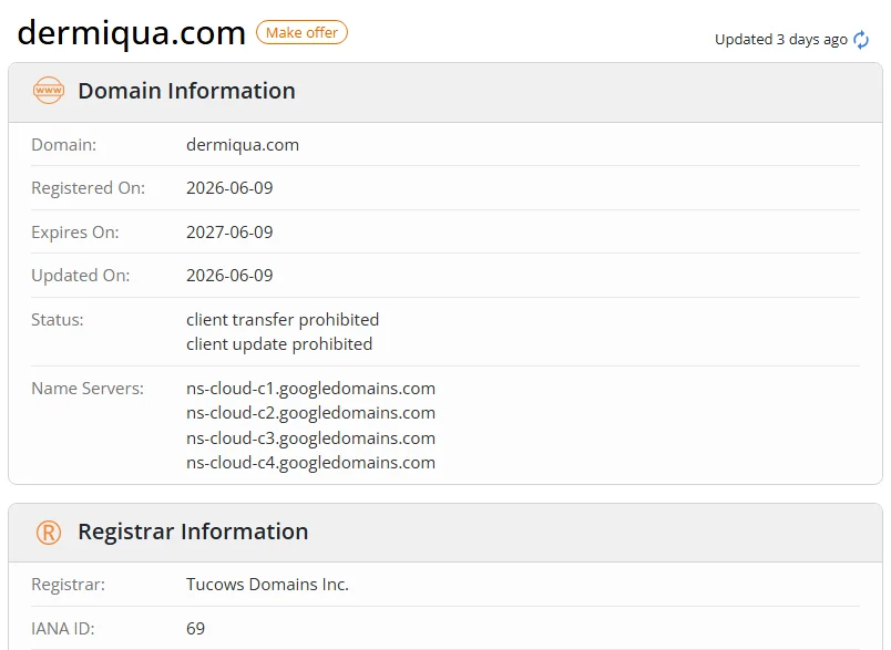 WHOIS.com record showing the registration details for dermiqua com.