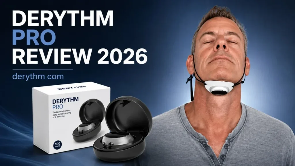 DERYTHM Pro Review 2026 showing the sleep apnea and snoring device, product box, and a man wearing the device