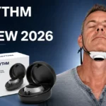 DERYTHM Pro Review 2026 showing the sleep apnea and snoring device, product box, and a man wearing the device