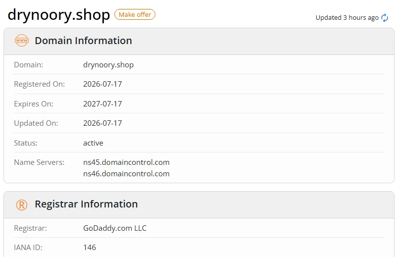 WHOIS.com record showing the registration details for drynoory shop.