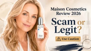 Maison Cosmetics Review 2026 showing collagen serum with scam or legit investigation warning