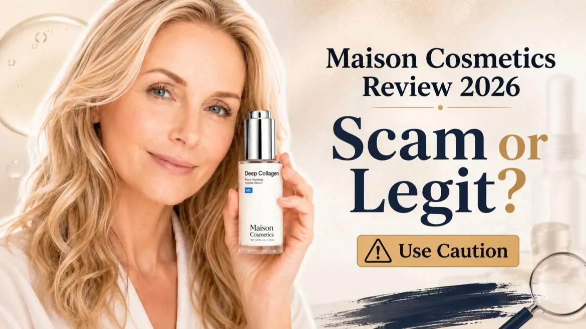 Maison Cosmetics Review 2026 showing collagen serum with scam or legit investigation warning