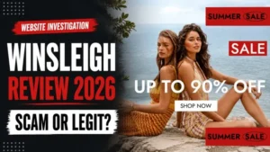 Winsleigh com Review 2026 feature image showing women’s fashion sale promotion with Scam or Legit website investigation text