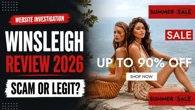 Winsleigh com Review 2026 feature image showing women’s fashion sale promotion with Scam or Legit website investigation text