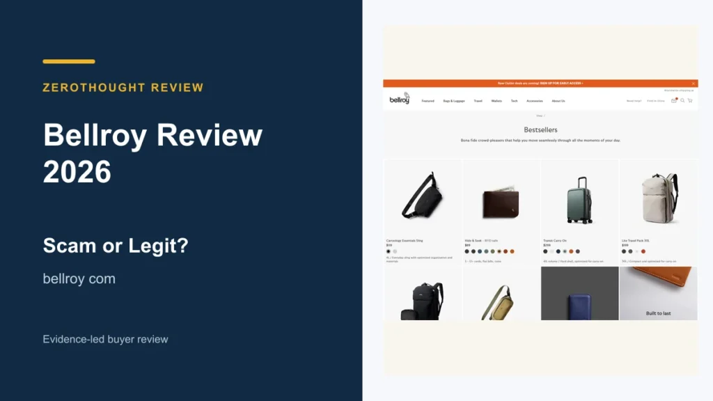 Bellroy website or product material beside a ZeroThought review title.